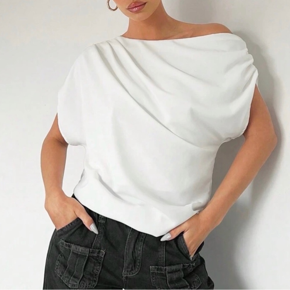 Essnce Solid Asymmetrical Neck Ruched Batwing Sle… - image 2